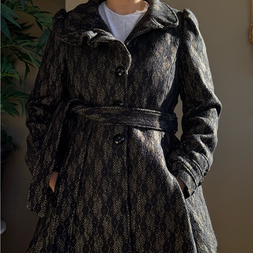 bebe Black Lace-Pattern Belted Trench Coat